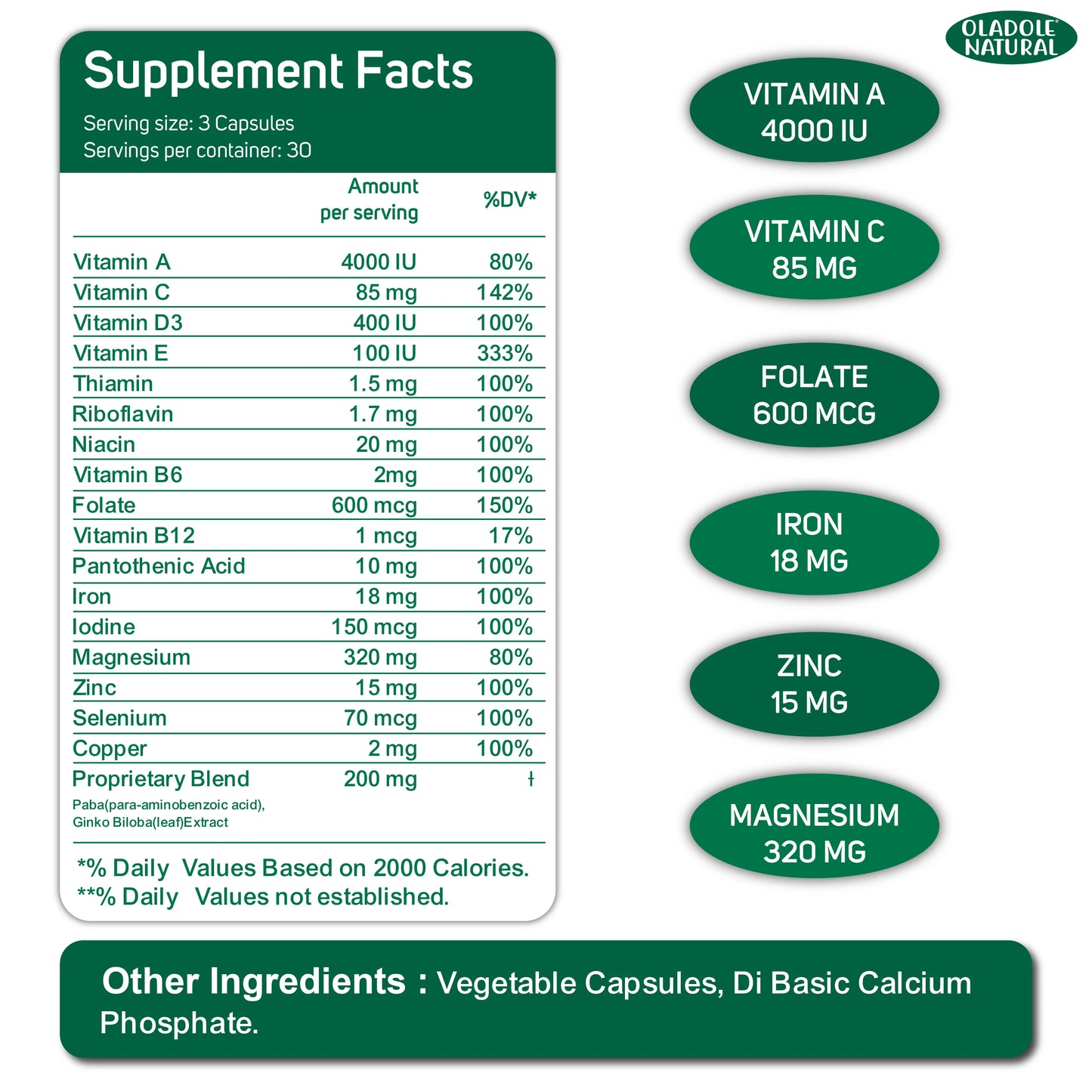 Oladole Natural Fertility for Women Supplement Facts 