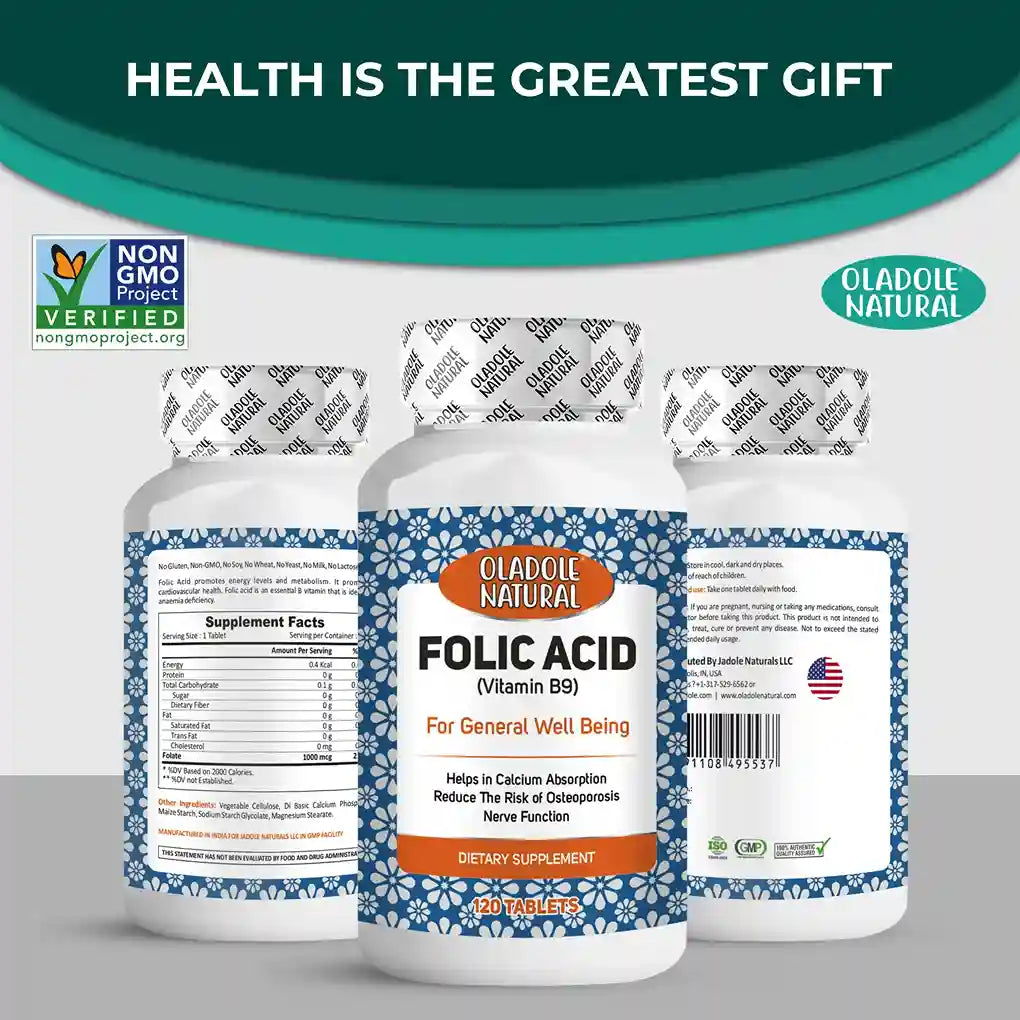 Oladole Natural Folic Acid (Vitamin B9) 1000mcg 120 Tablets