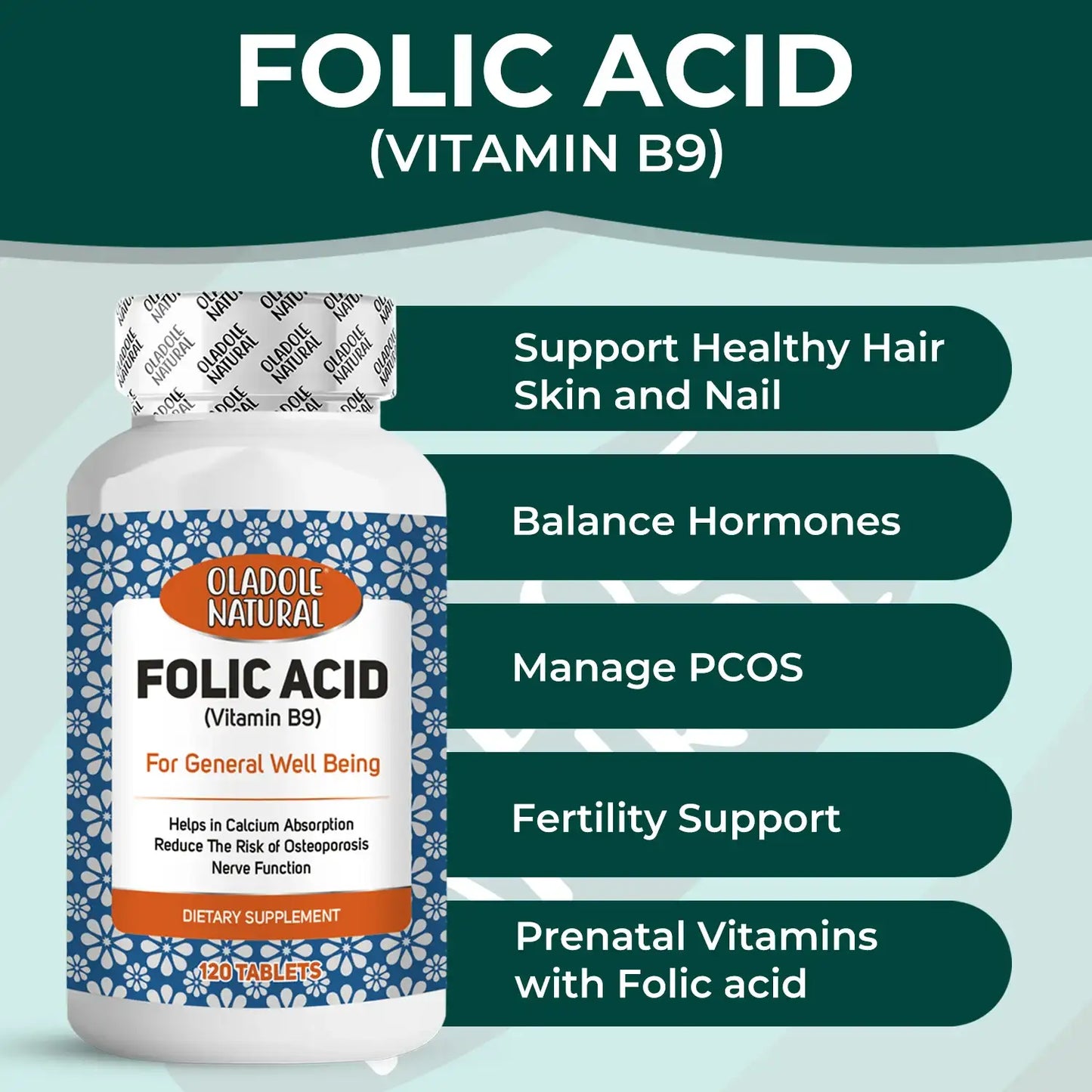Oladole Natural Folic Acid (Vitamin B9) 1000mcg 120 Tablets