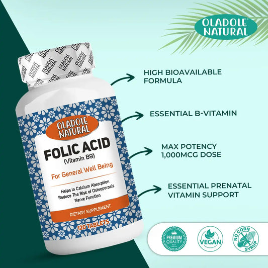 Oladole Natural Folic Acid (Vitamin B9) 1000mcg 120 Tablets