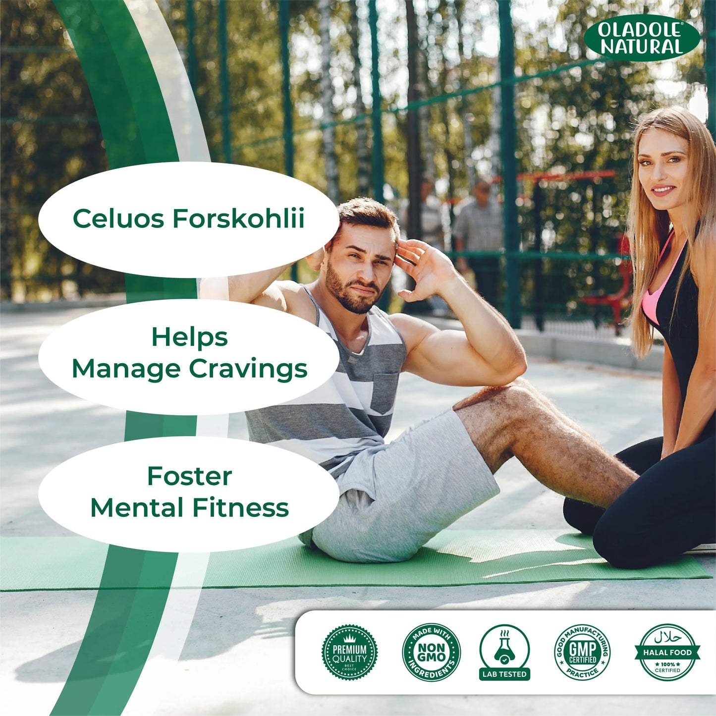 Man and woman sitting on a mat outdoors with Oladole Natural product information overlay.