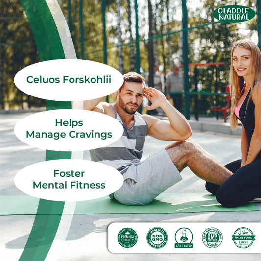 Man and woman sitting on a mat outdoors with Oladole Natural product information overlay.