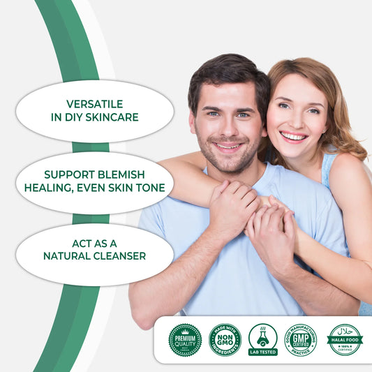 Man and woman holding hands with product features and certifications on a white background