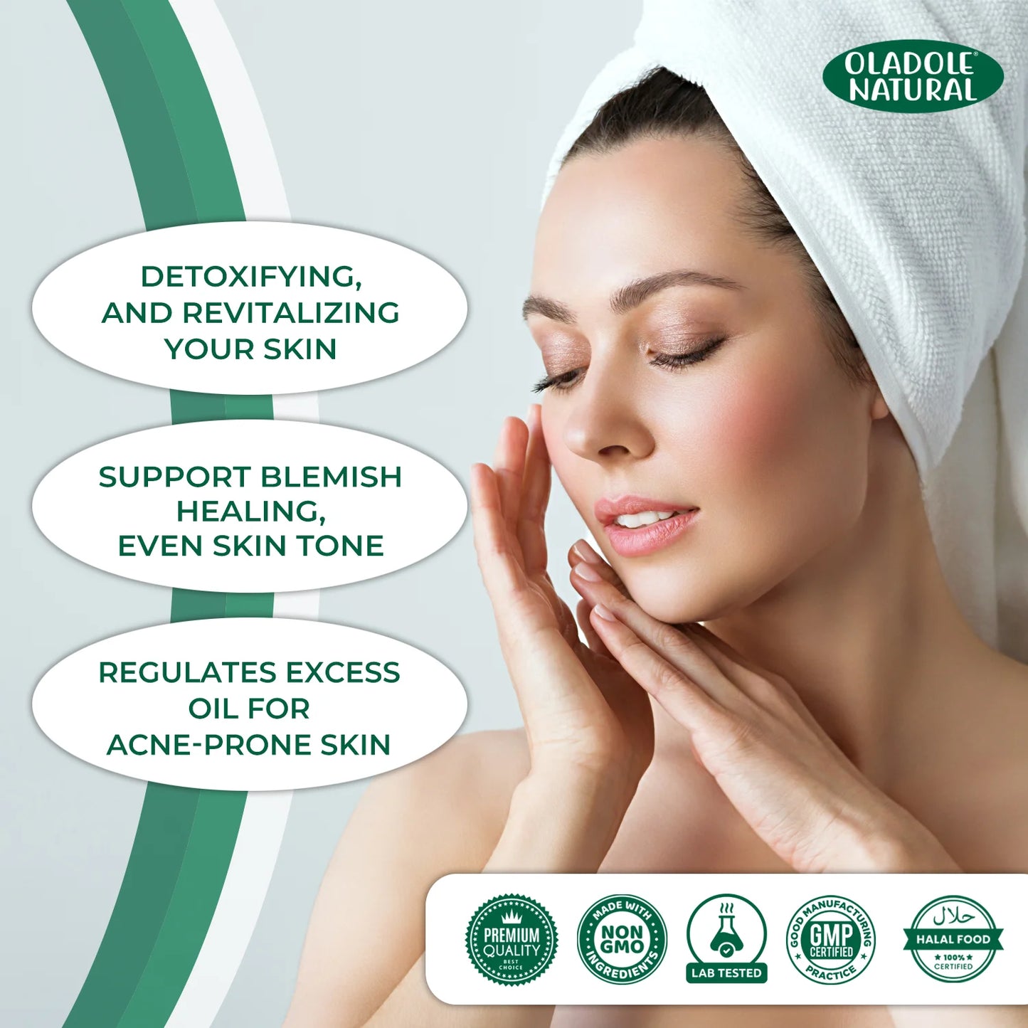 Woman with a towel on her head, touching her face with text about skincare benefits, Oladole Natural brand, and certification logos.
