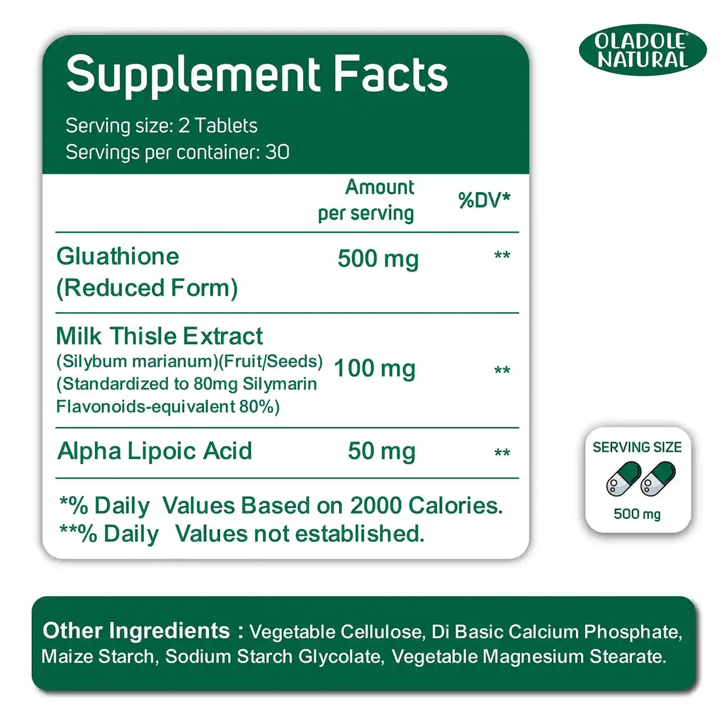 Oladole Natural Glutathione- 500mg (60 Tablets)