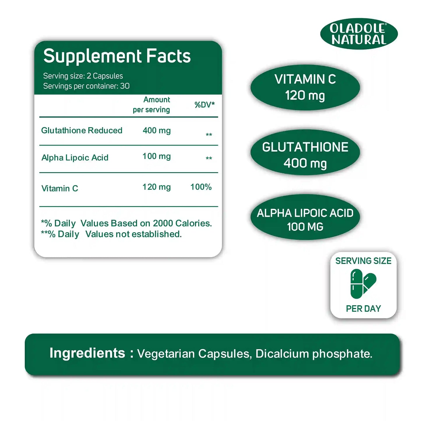 Oladole Natural Glutathione Caps with Vitamin C - 60 Capsules