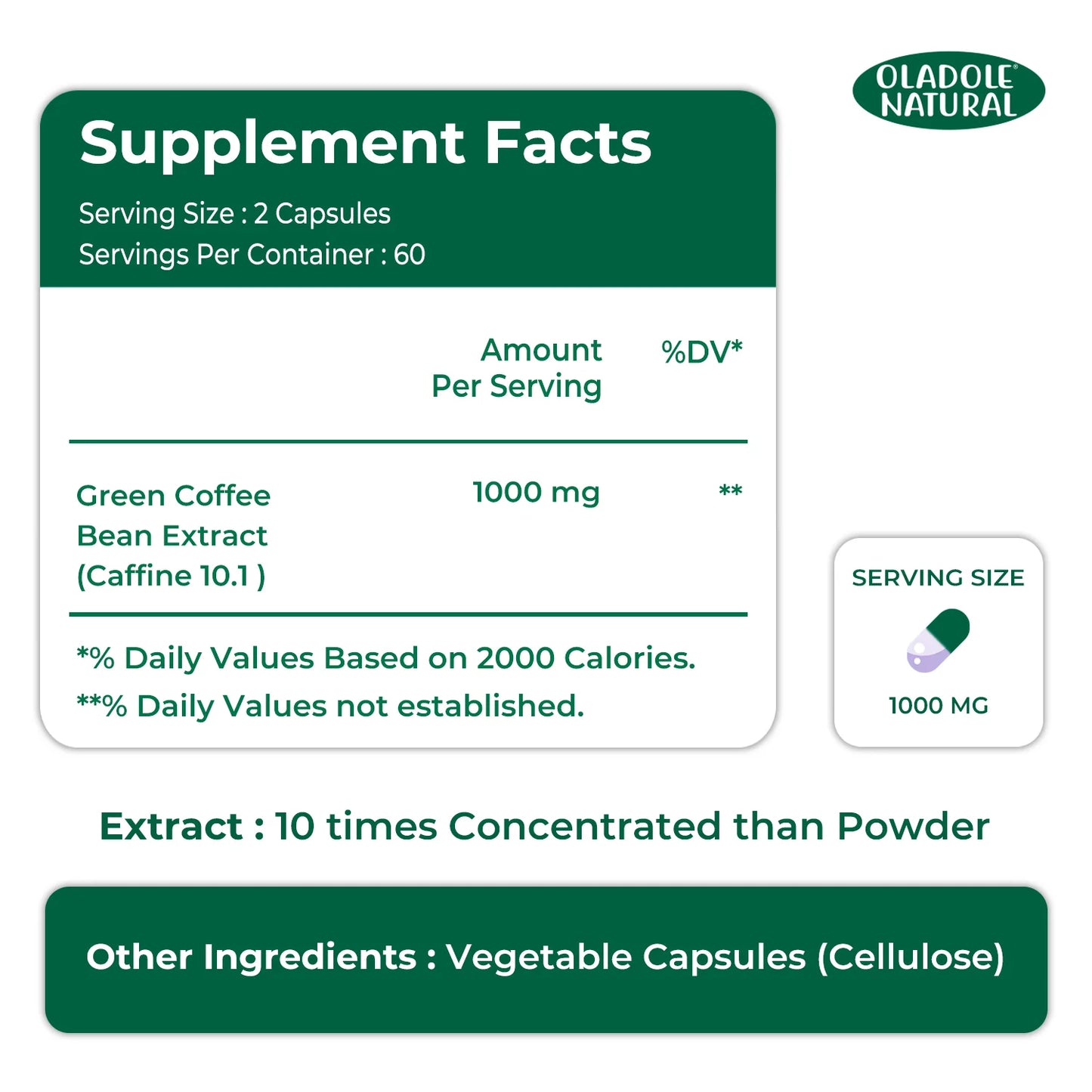 Oladole Natural Green Coffee Bean 1000mg, 120 Capsules
