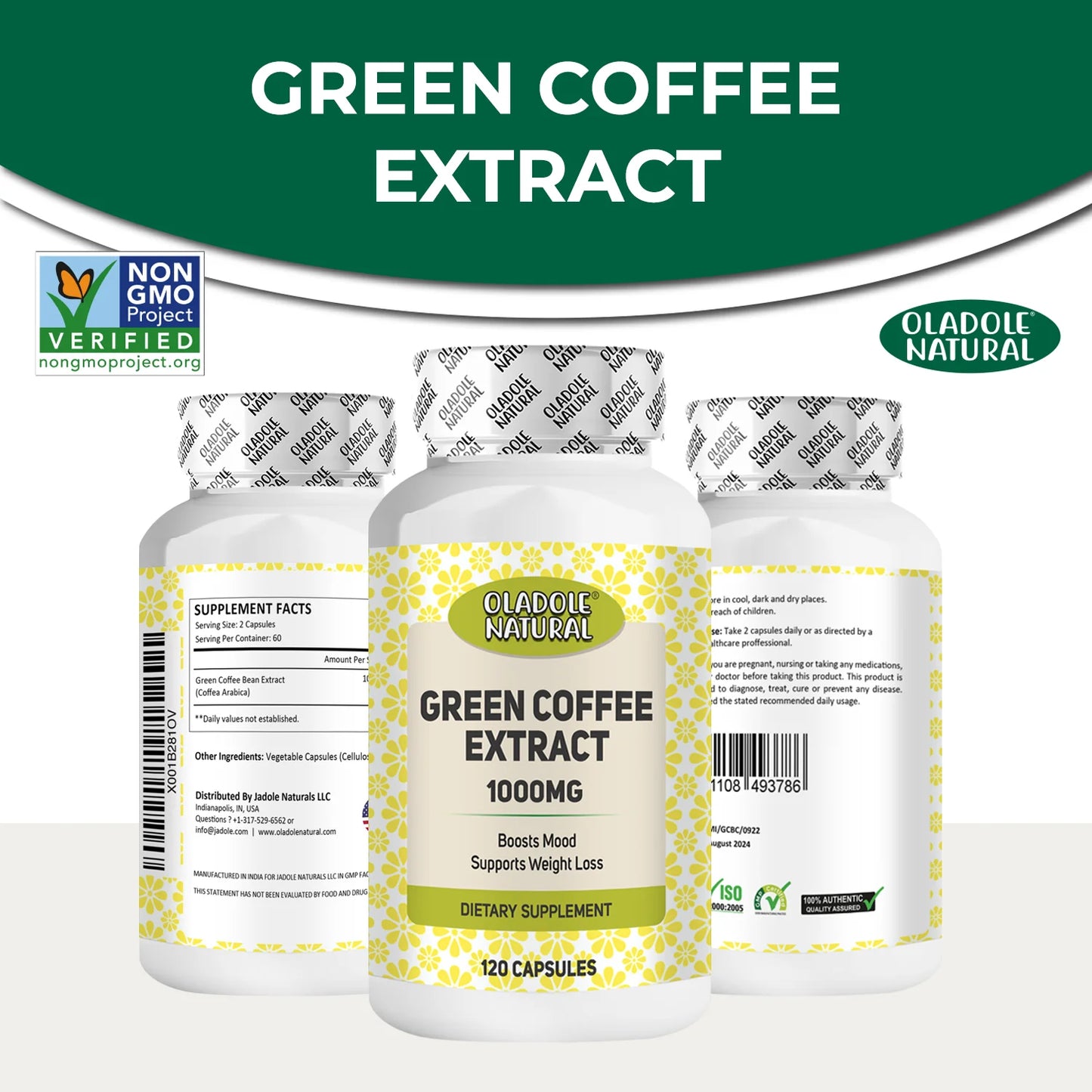 Oladole Natural Green Coffee Bean 1000mg, 120 Capsules