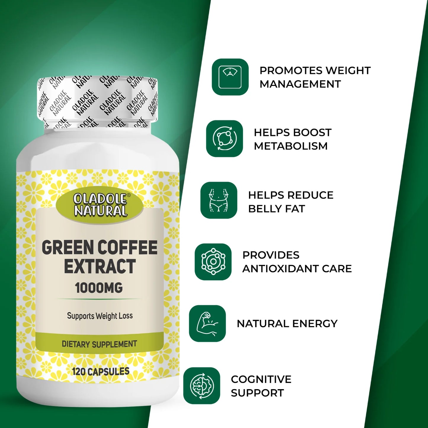 Oladole Natural Green Coffee Bean 1000mg, 120 Capsules