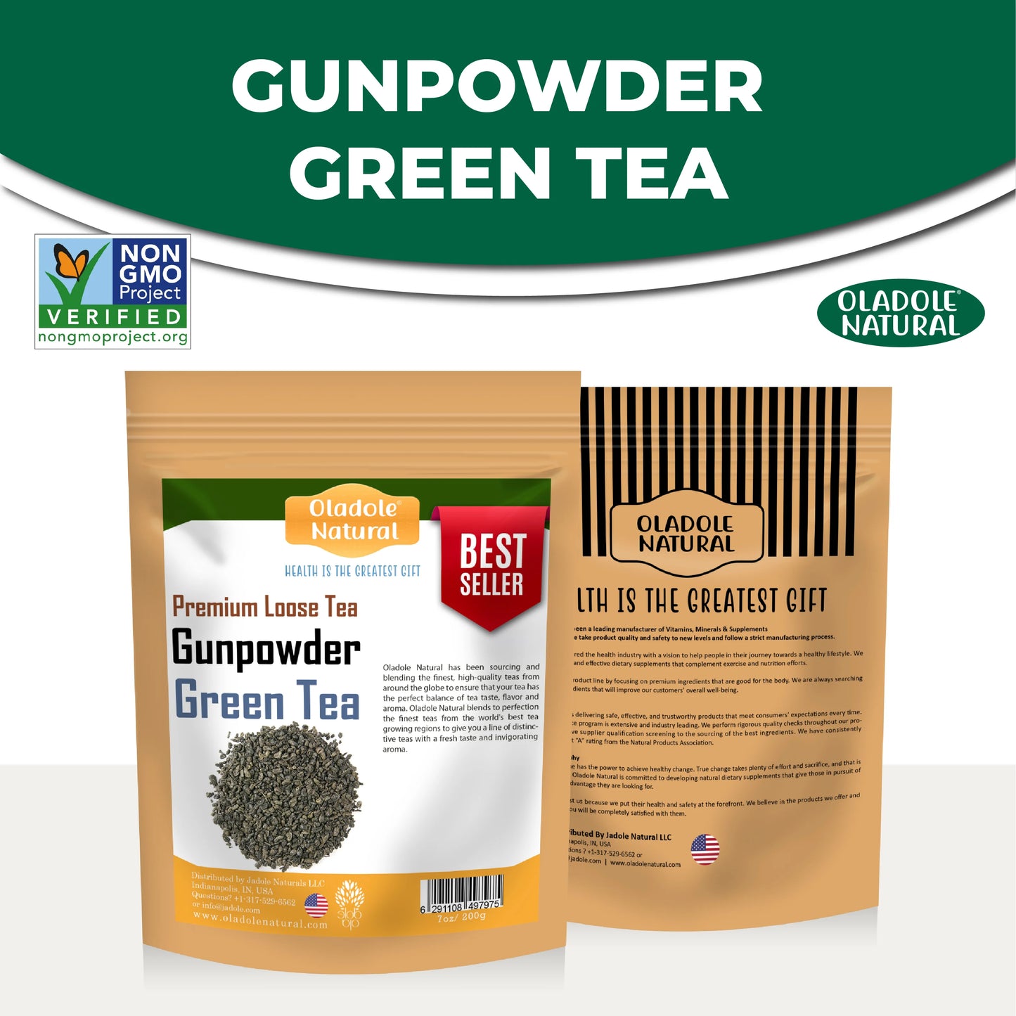 Oladole Natural Gunpowder Green Tea Front And Back