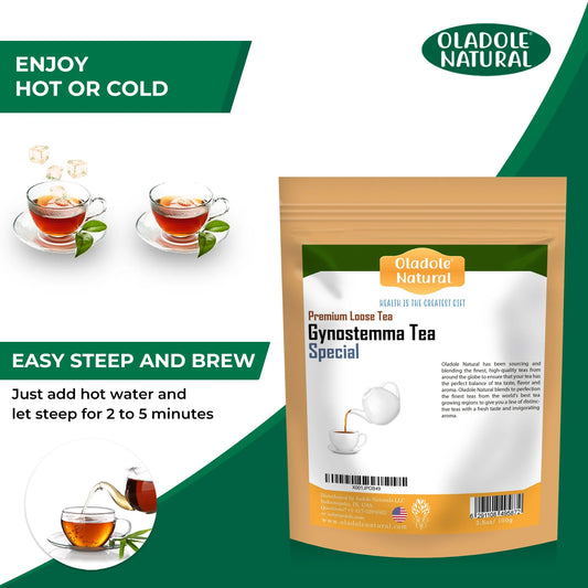 Oladole Natural Gynostemma Tea package with brewing instructions on a green background