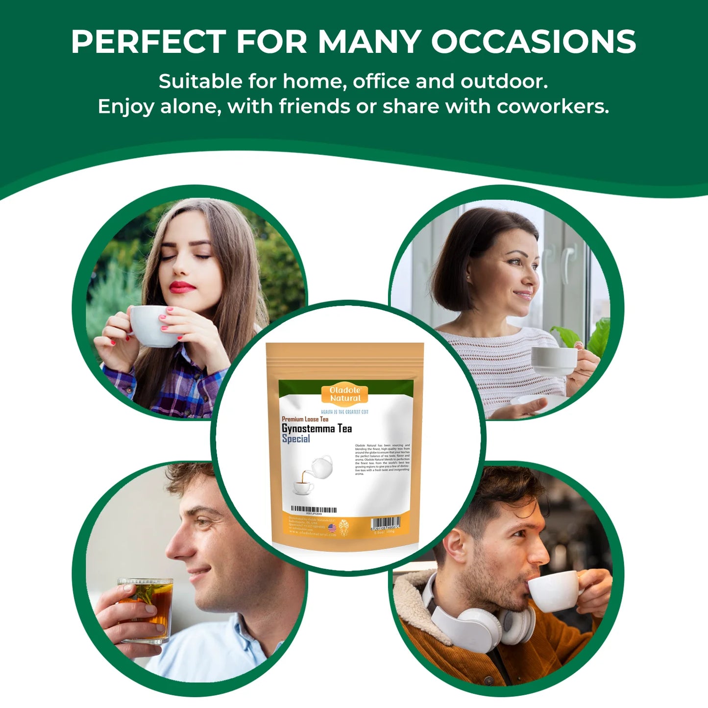 Tea packaging with people enjoying tea in various settings and text about occasions.