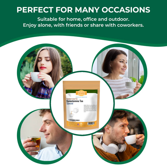 Tea packaging with people enjoying tea in various settings and text about occasions.