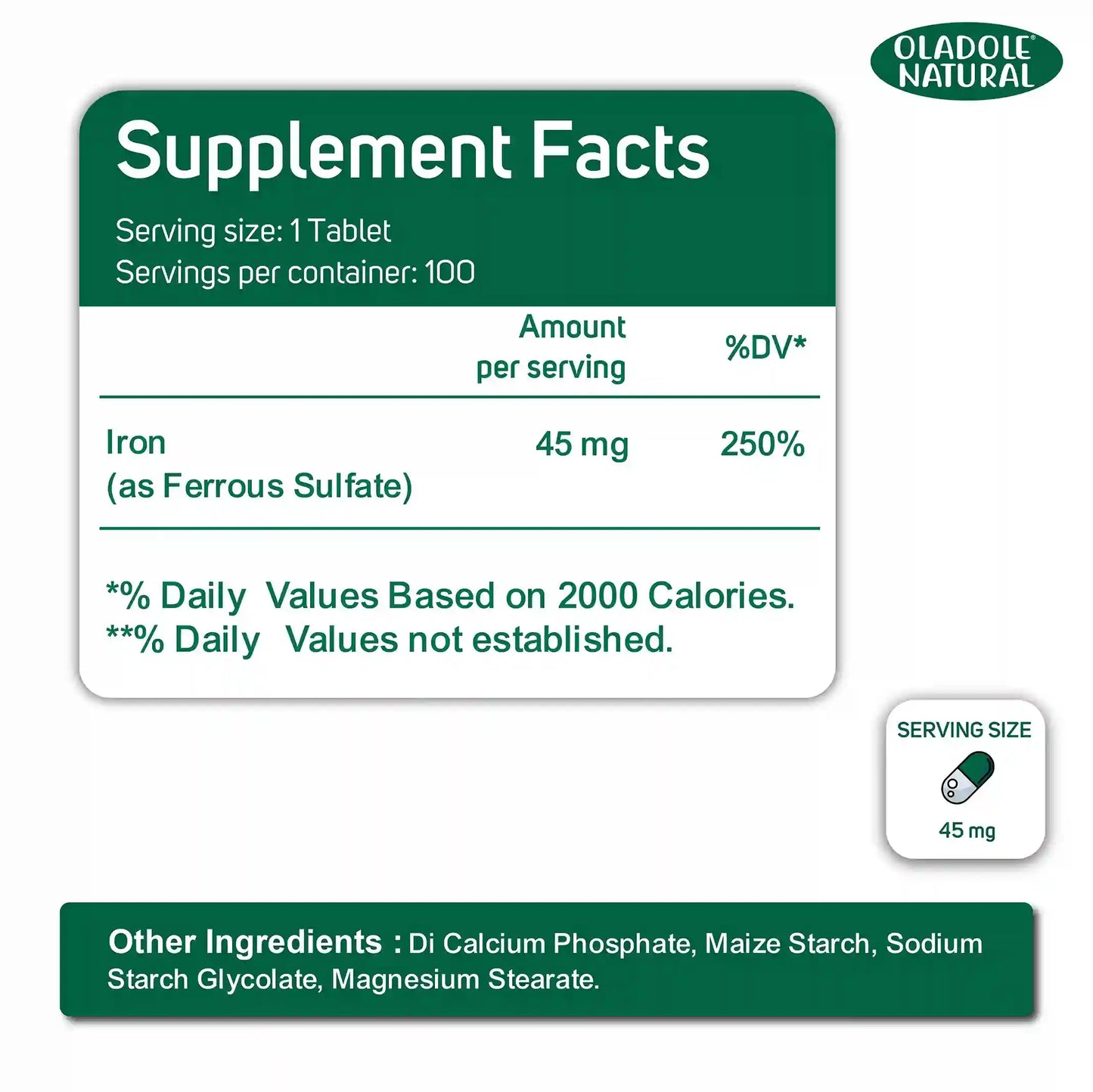 Oladole Natural Iron Supplement 45 mg 100 Tablets