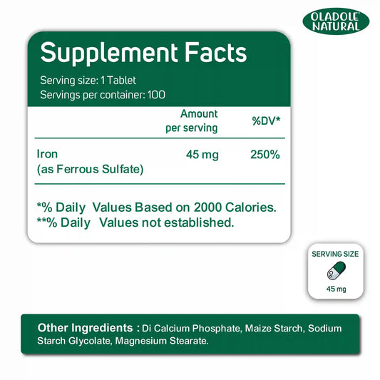 Oladole Natural Iron Supplement 45 mg 100 Tablets