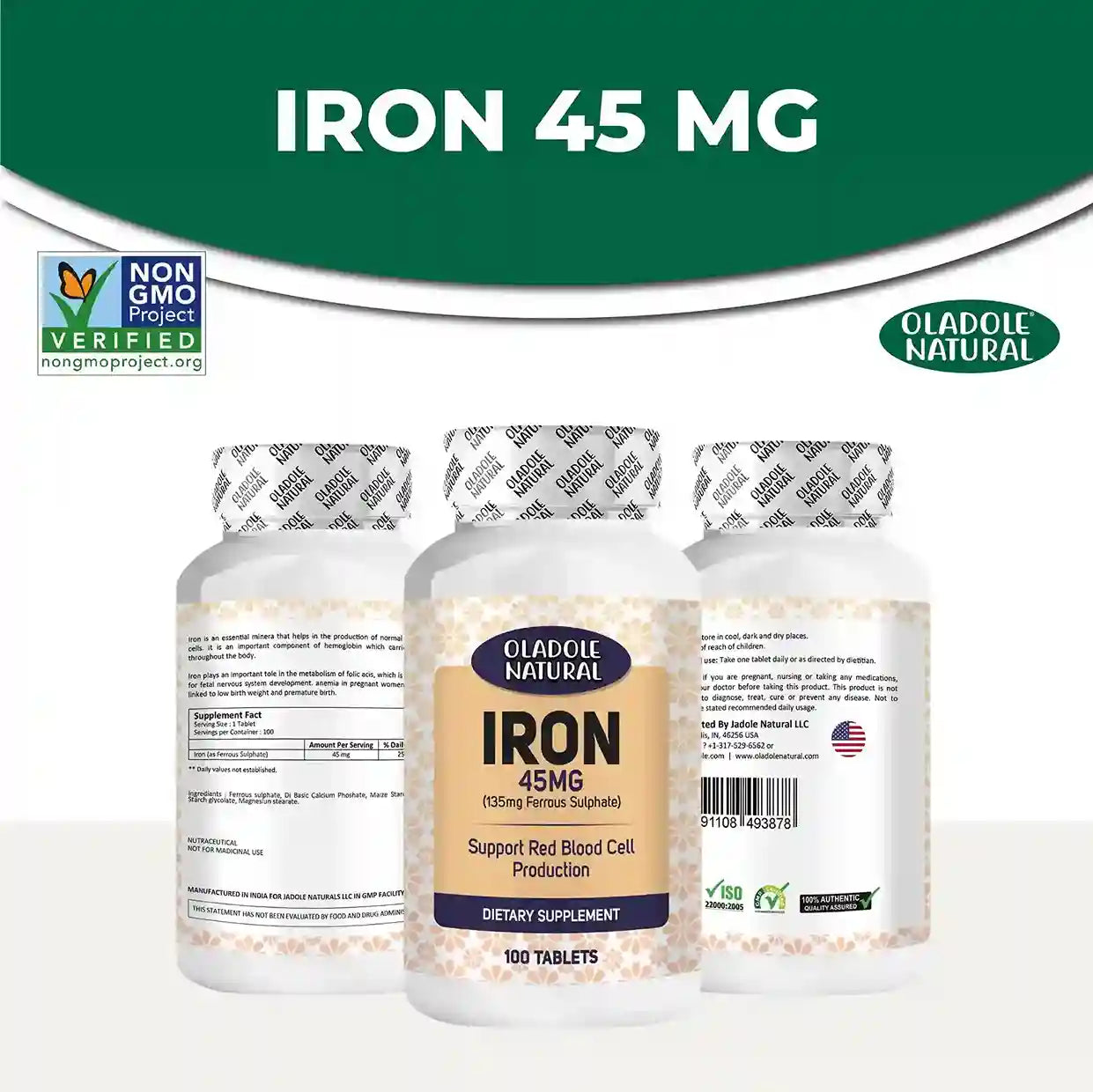 Oladole Natural Iron Supplement 45 mg 100 Tablets