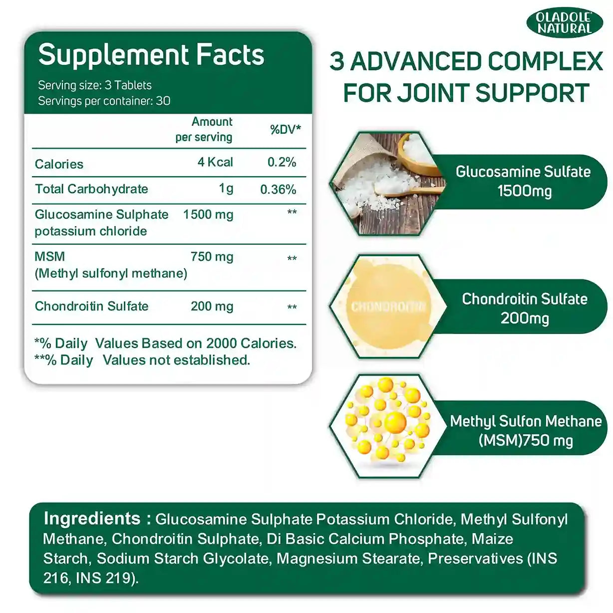 Oladole Natural Glucosamine with Chondroitin, MSM Advanced Joint Health 90 Tablets