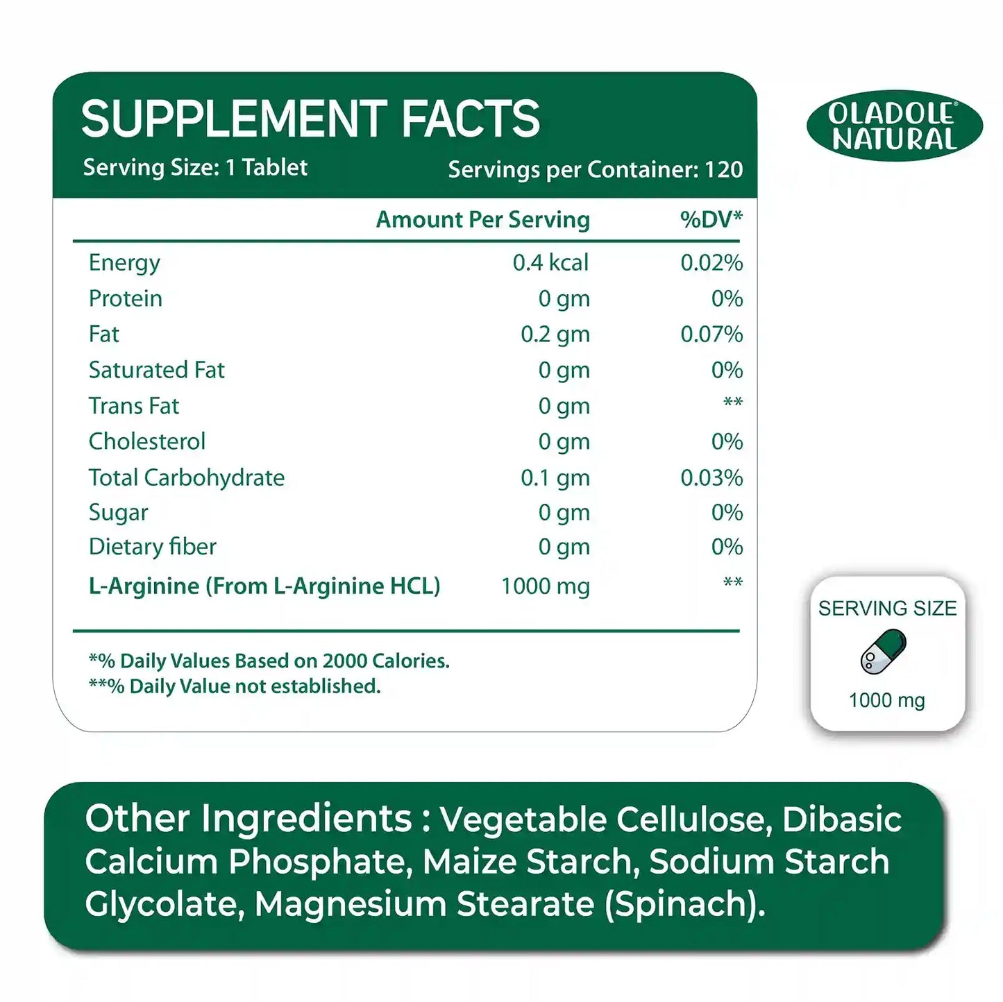 Oladole Natural Double Strength L-Arginine 1000mg, 120 Tablets