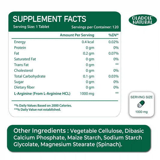 Oladole Natural Double Strength L-Arginine 1000mg, 120 Tablets
