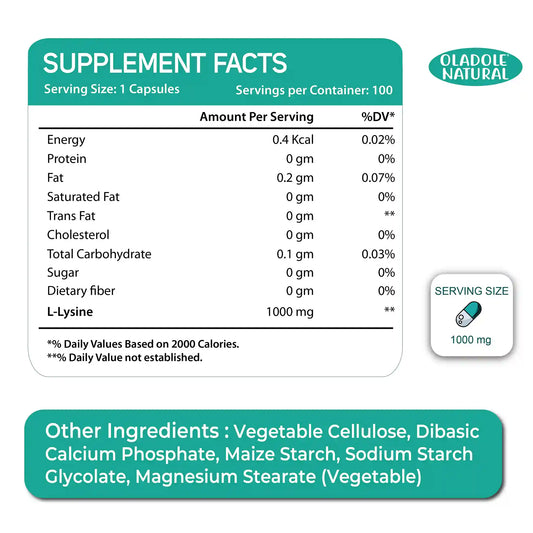 Oladole Natural L-Lysine 1000mg 100 Tablets
