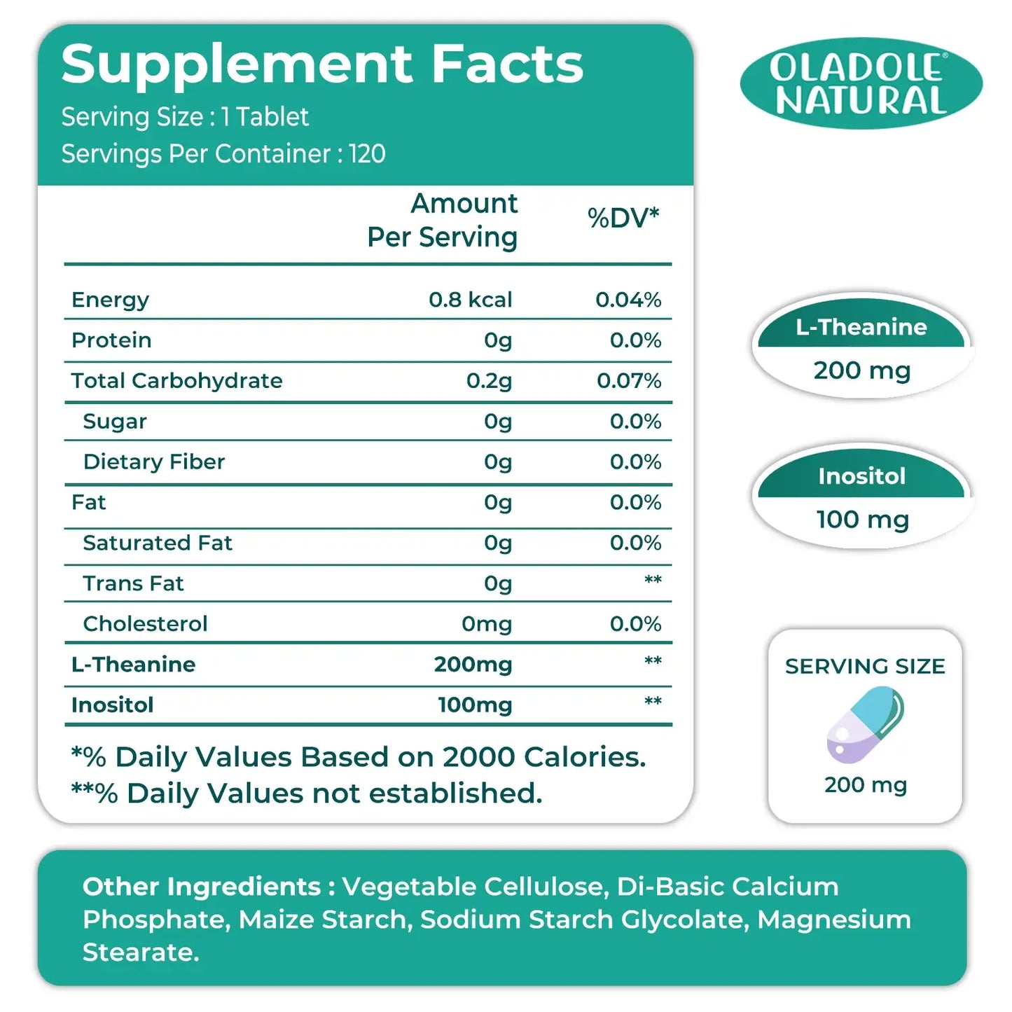 Oladole Natural L-Theanine 200Mg Double Strength with Inositol 120 Tablets