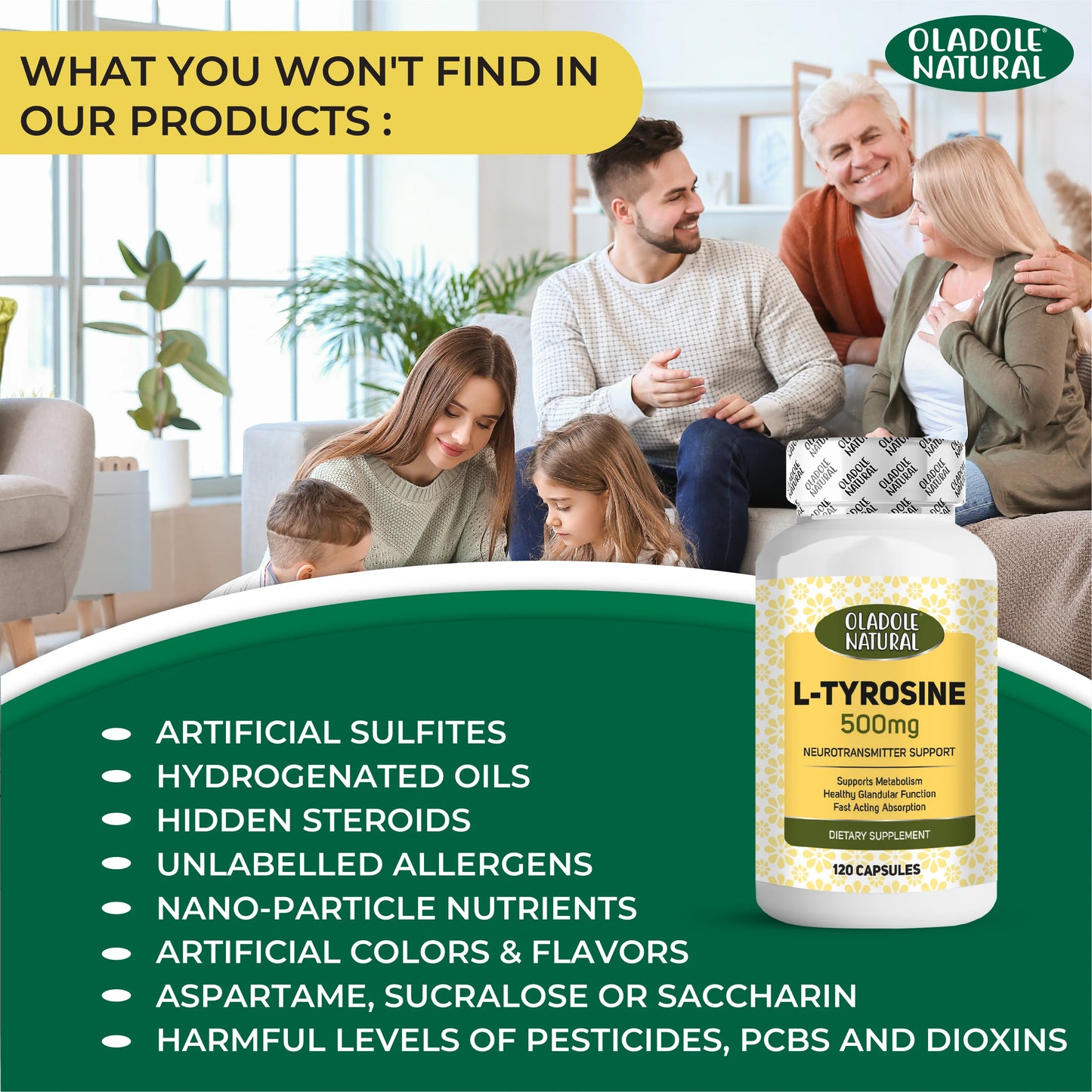Oladole Natural L-Tyrosine 500mg, 120 Capsules