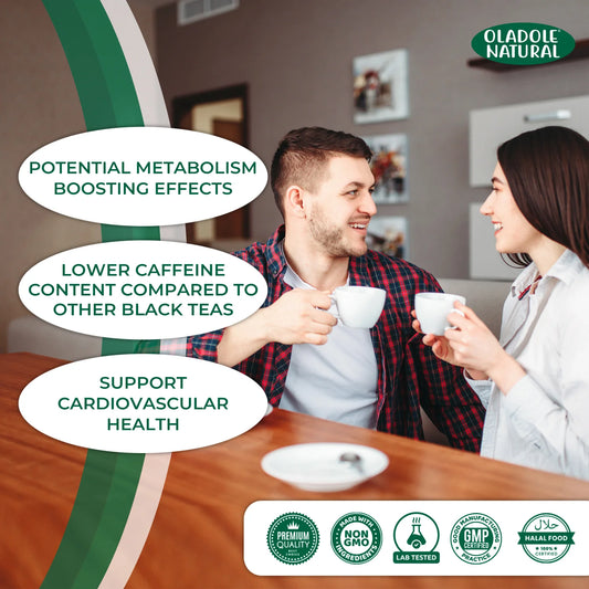 Two people sitting at a table with cups, surrounded by text about Oladole Natural tea's benefits.