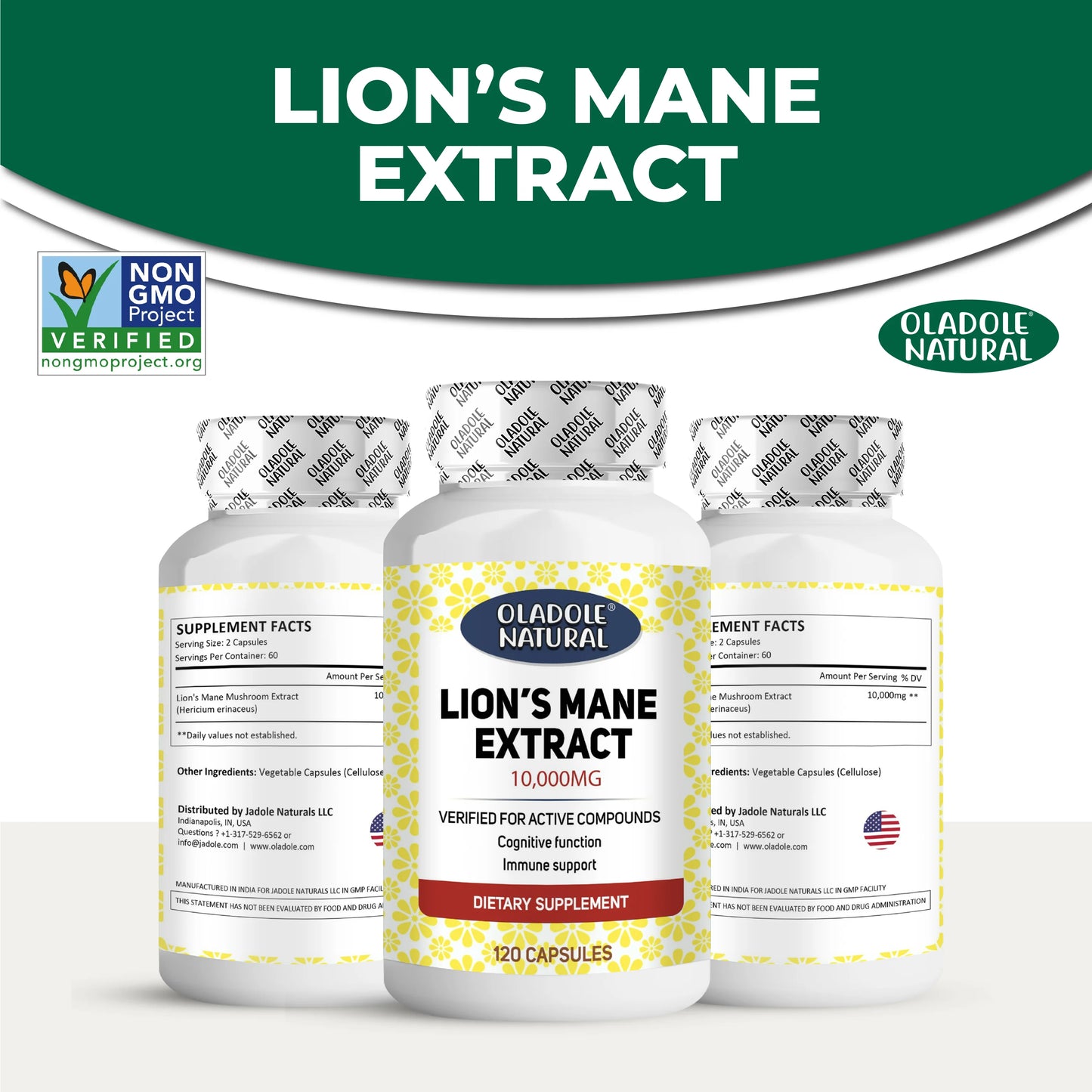 Oladole Natural Lions Mane Extract 10,000 mcg - 120 Capsules