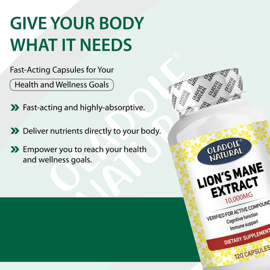Oladole Natural Lions Mane Extract 10,000 mcg - 120 Capsules