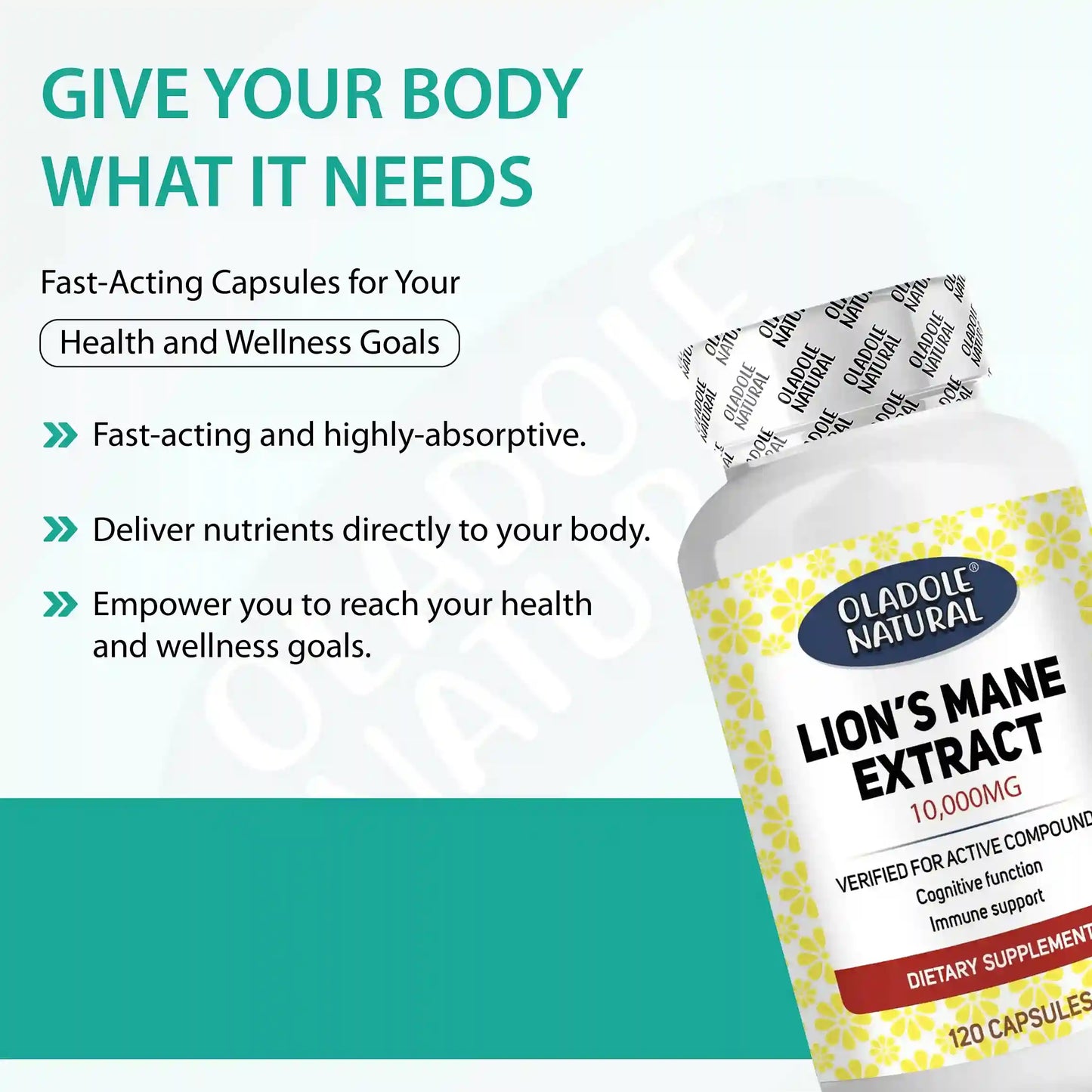 Oladole Natural Lions Mane Extract 10,000 mcg - 120 Capsules