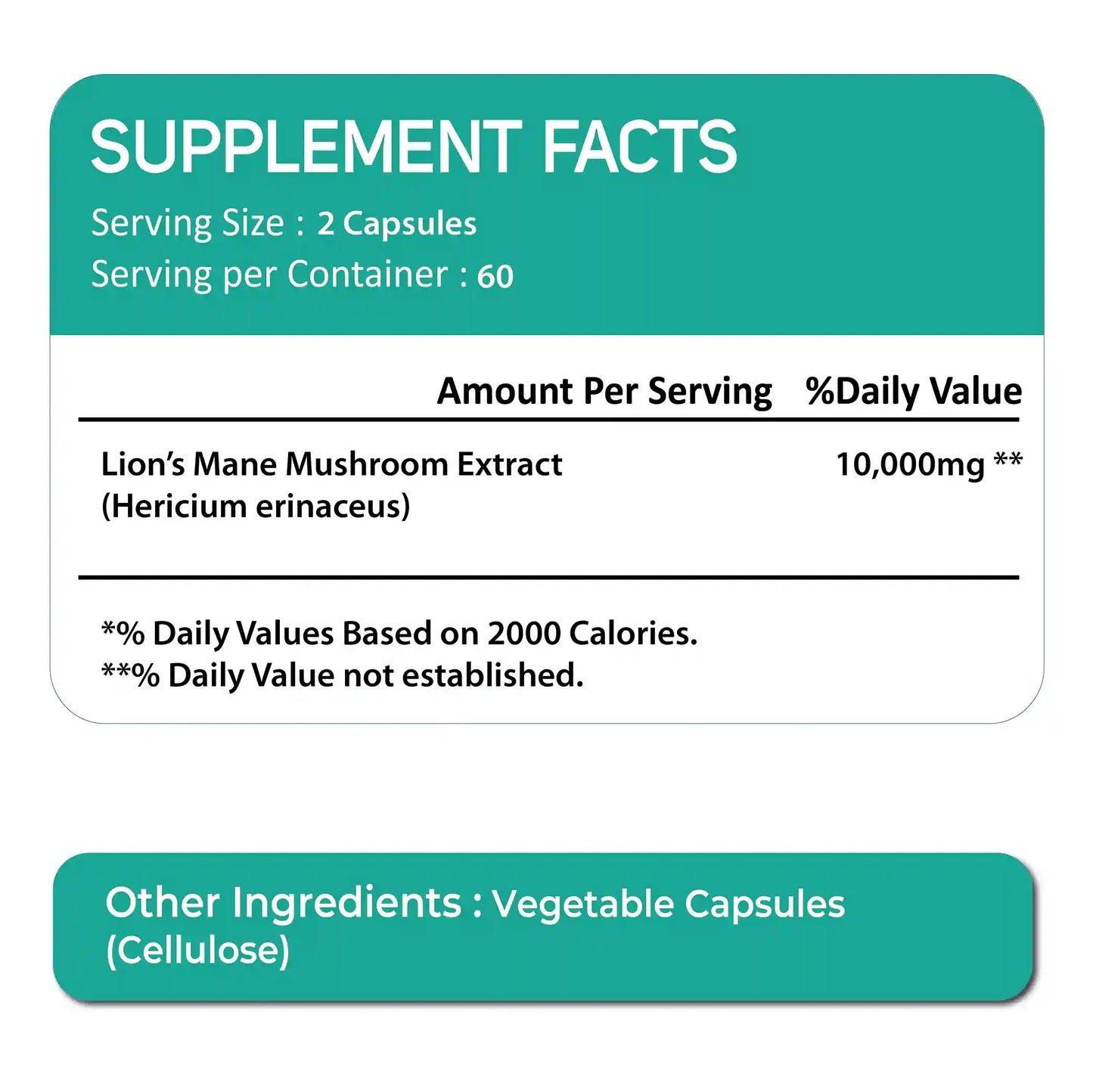 Oladole Natural Lions Mane Extract 10,000 mcg - 120 Capsules
