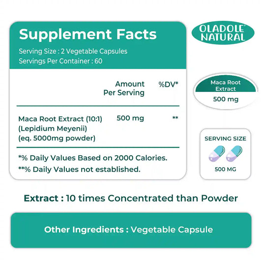 Oladole Natural Maca Root Extract 500mg 120 Vegan Capsules