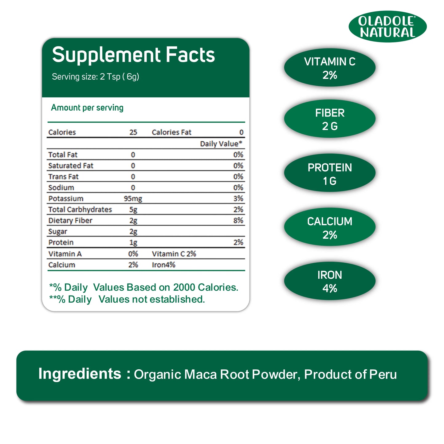 Oladole Natural Superfoods Organic Maca Root Powder Supplement Facts