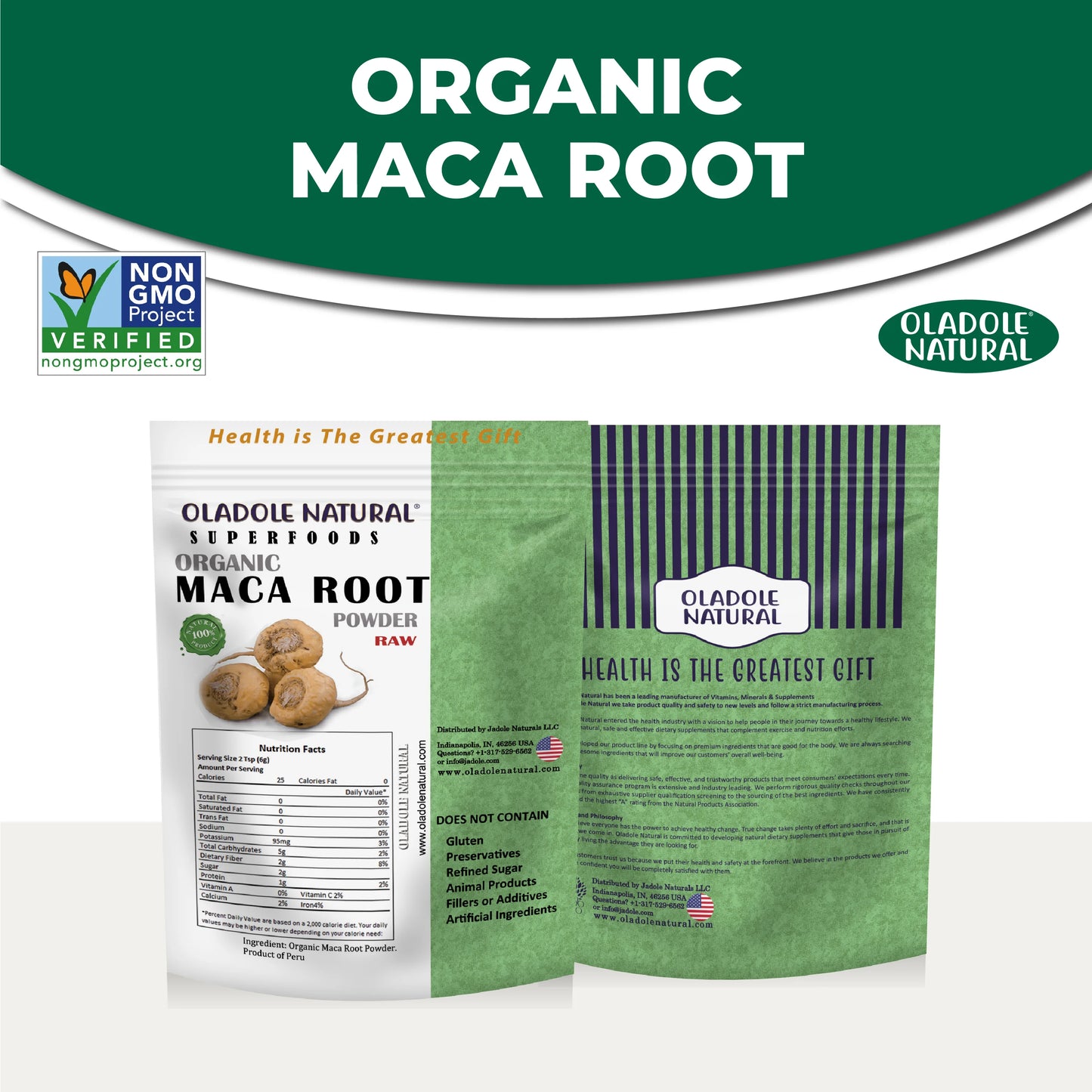 Oladole Natural Superfoods Organic Maca Root Powder Front And Back