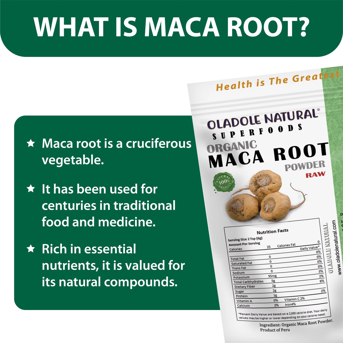 Oladole Natural Organic Maca Root packaging with green and white design.