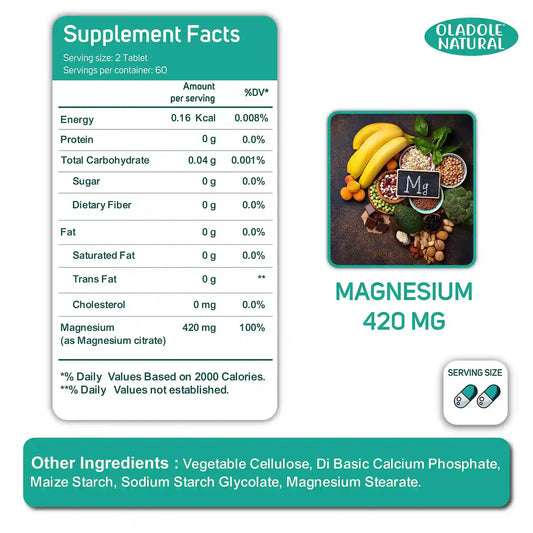 Oladole Natural Highly Absorbable Magnesium Citrate 420mg 120 Tablets