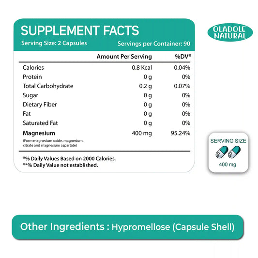 Oladole Natural Magnesium Complex (400mg)-180 Capsules