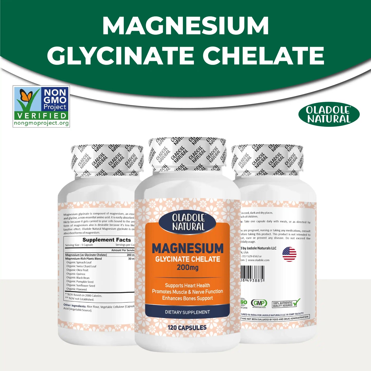 Oladole Natural Magnesium Glycinate 200 mg - 120 Capsules