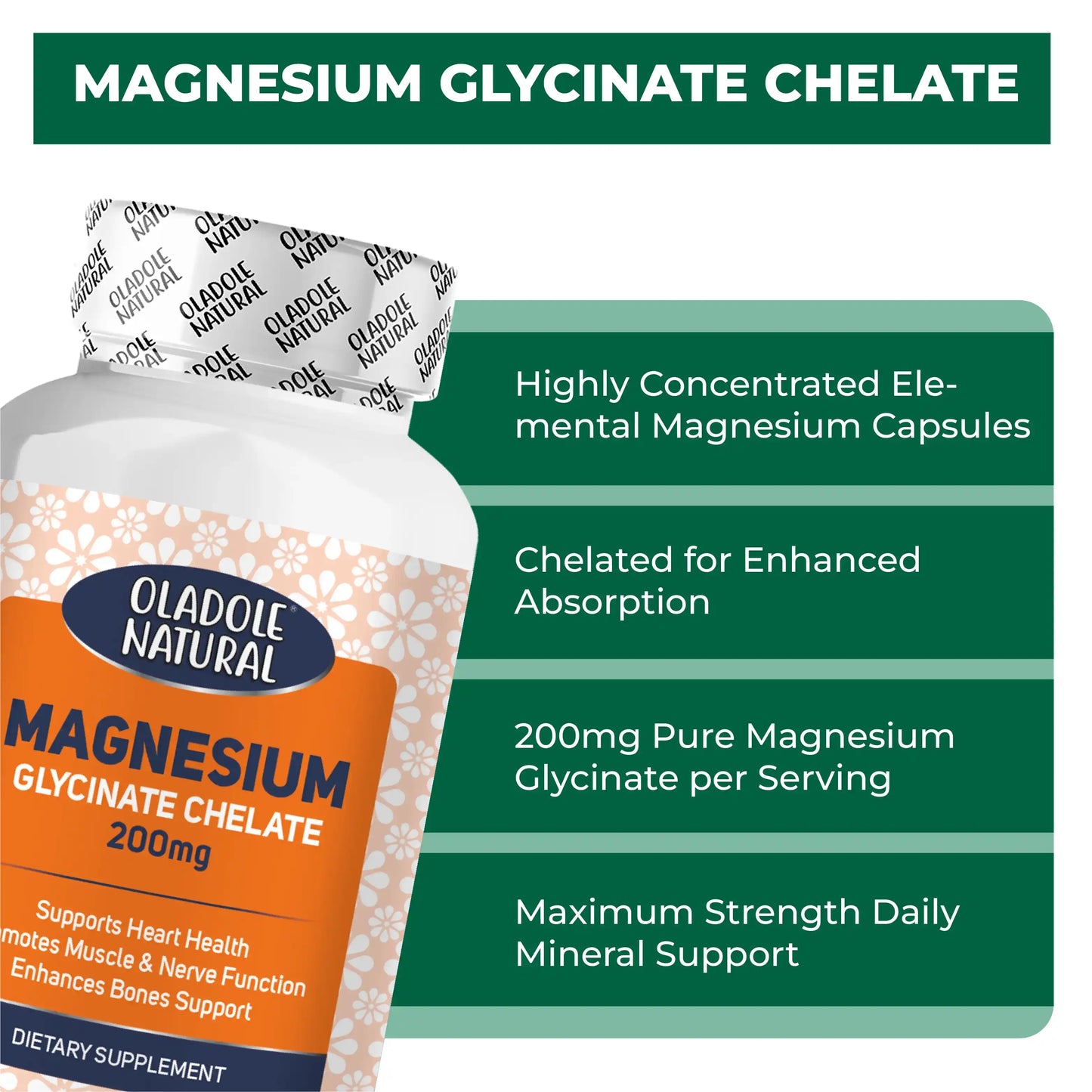 Oladole Natural Magnesium Glycinate 200 mg - 120 Capsules