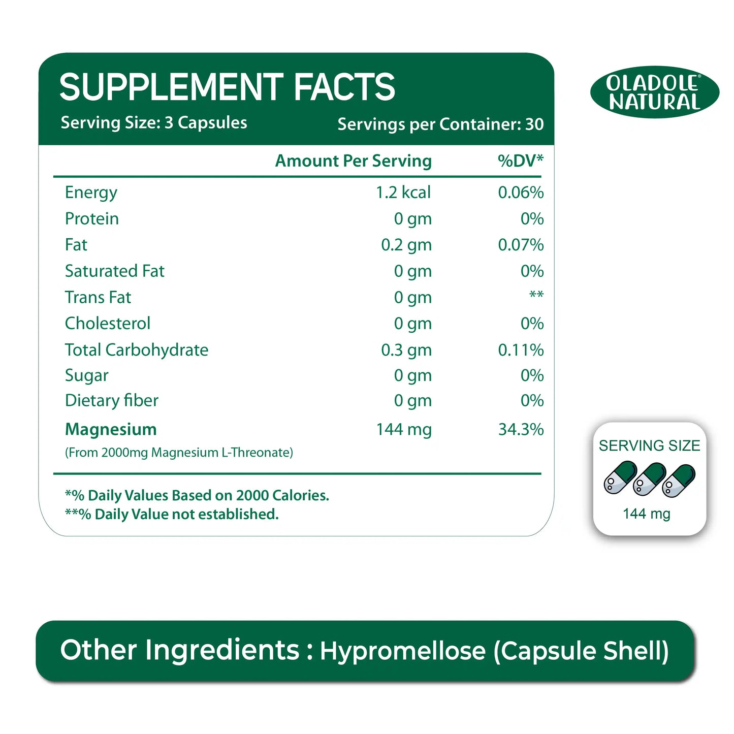 Oladole Natural Magnesium L-Threonate, 90 Capsules