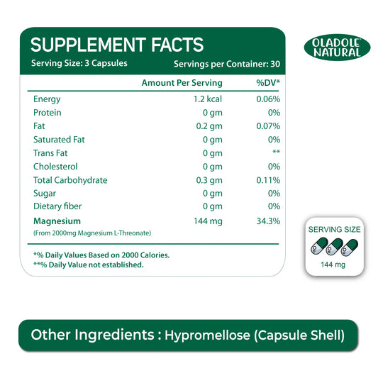 Oladole Natural Magnesium L-Threonate, 90 Capsules