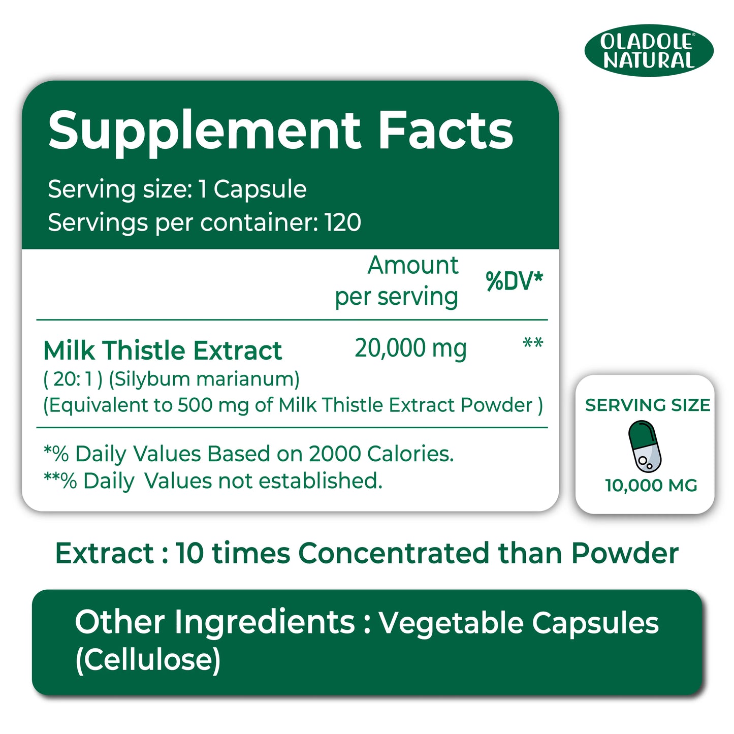 Oladole Natural Milk Thistle Marianum Silymarin 10000mg 120 Veg Capsules