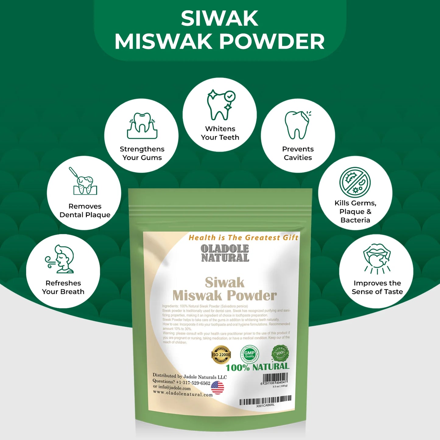 Package of Oladole Natural Siwak Miswak Powder with health benefits on a green background