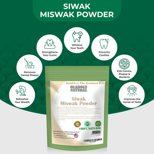 Package of Oladole Natural Siwak Miswak Powder with health benefits on a green background