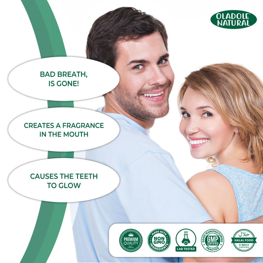 Advertisement for Oladole Natural with a man and woman smiling, featuring text about bad breath solutions.