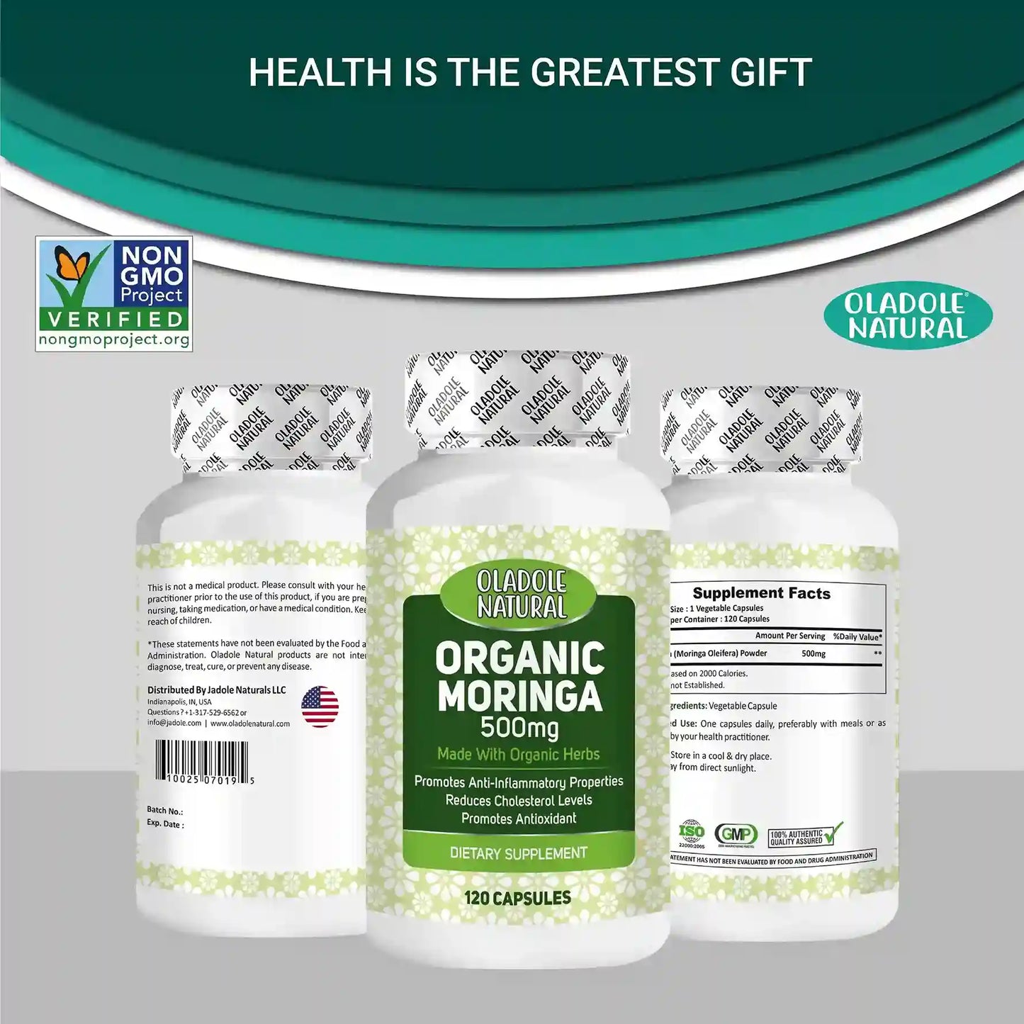 Oladole Natural Organic Moringa 500 mg 120 Veg Capsules