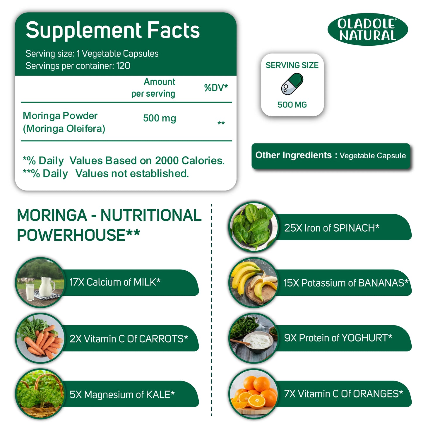 Oladole Natural Organic Moringa 500 mg 120 Veg Capsules