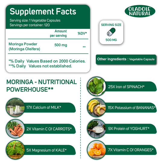 Oladole Natural Organic Moringa 500 mg 120 Veg Capsules