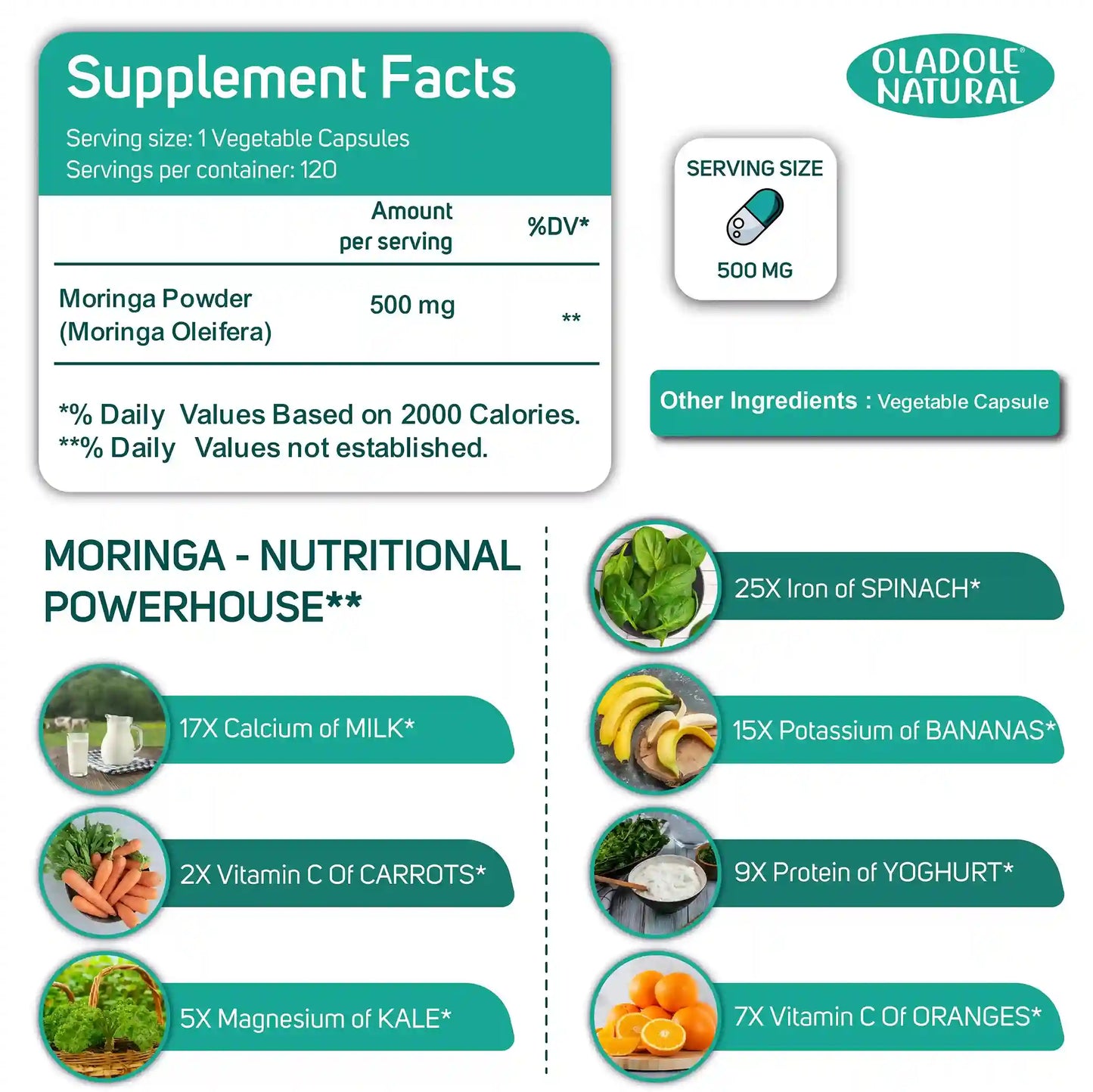 Oladole Natural Organic Moringa 500 mg 120 Veg Capsules