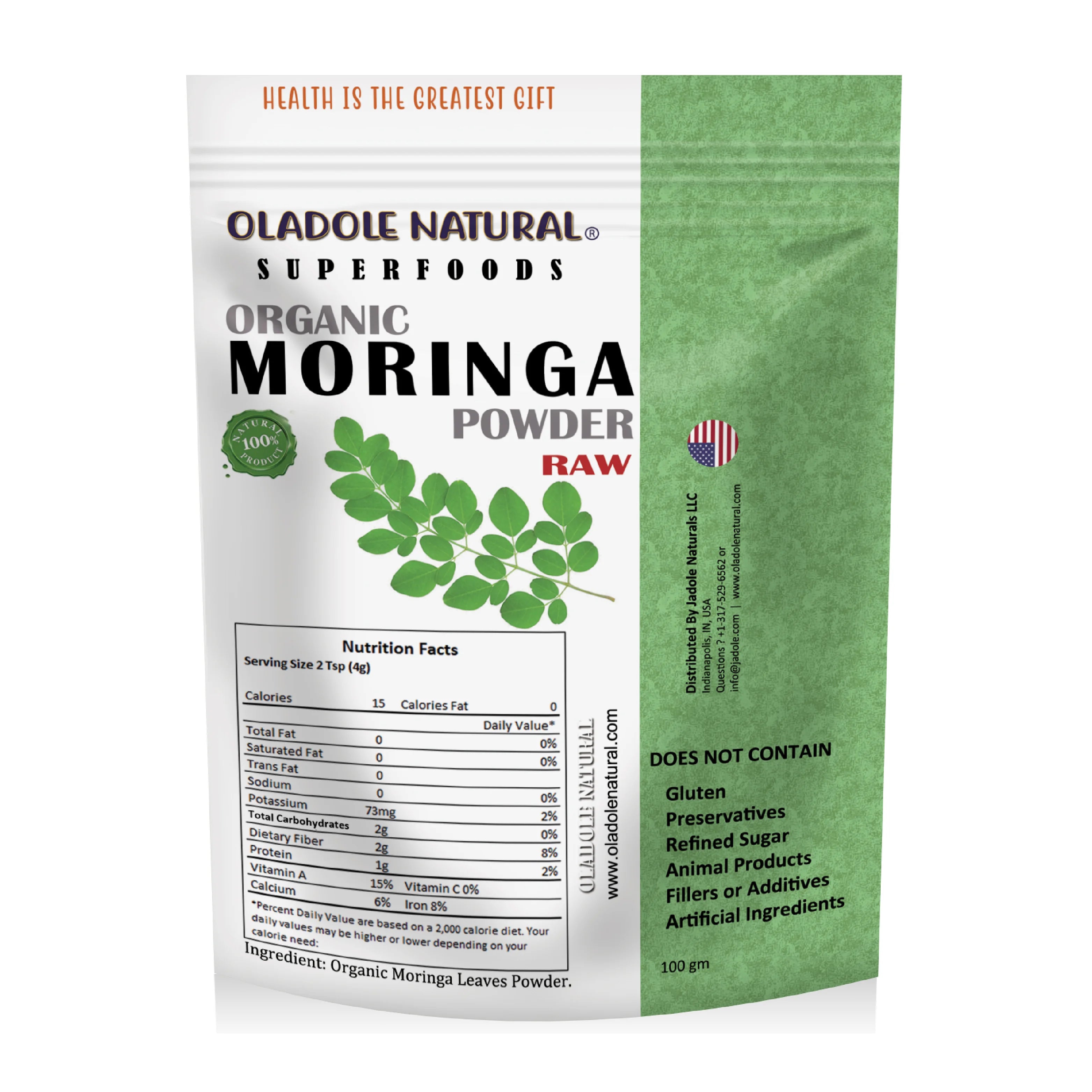 مسحوق أوراق المورينجا العضوي الطبيعي من أولادول، 100 جم 